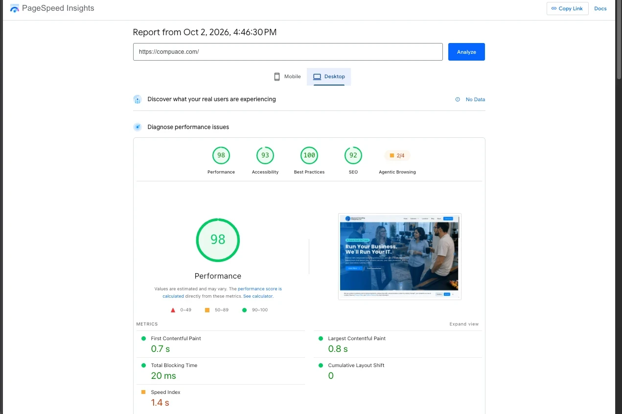 CompuAce desktop PageSpeed diagnostic report captured 2 October 2026, with the measured URL visible