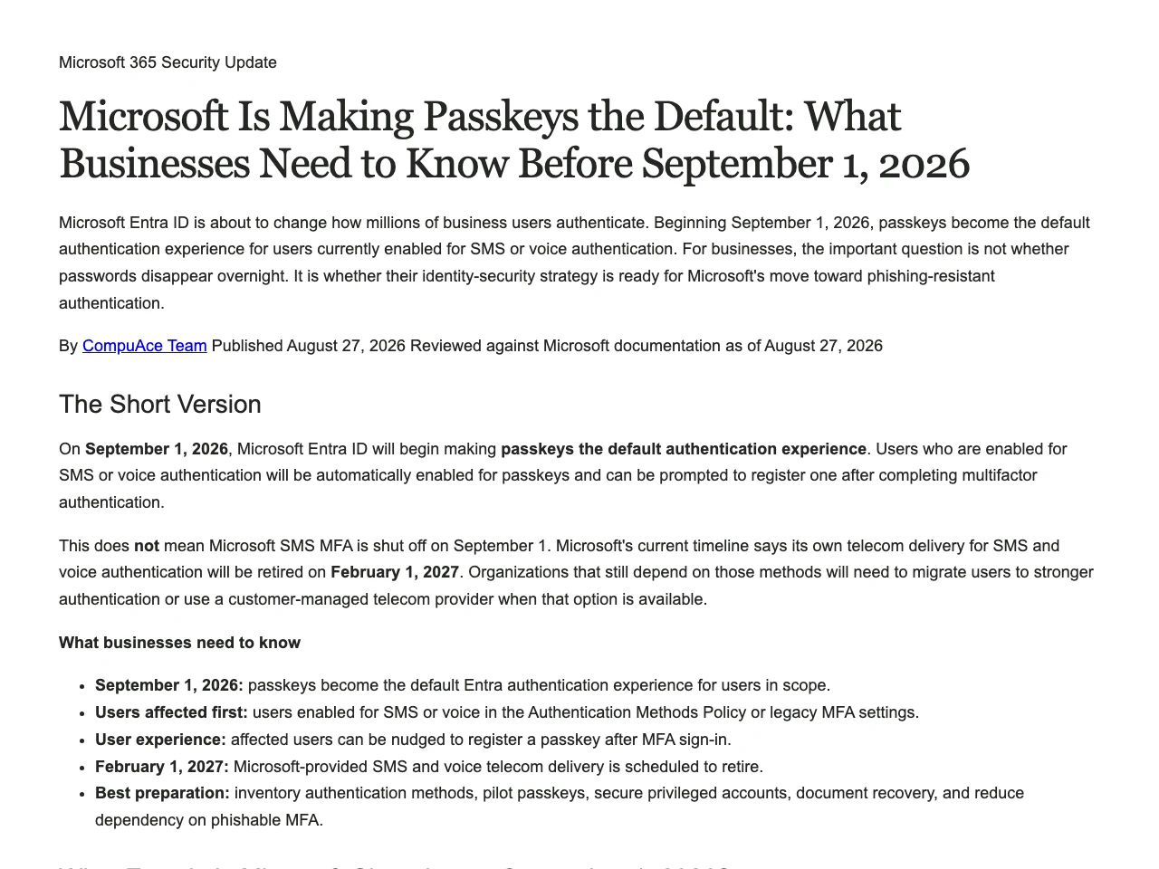Locally rendered excerpt of the recovered CompuAce Microsoft passkeys article HTML deliverable