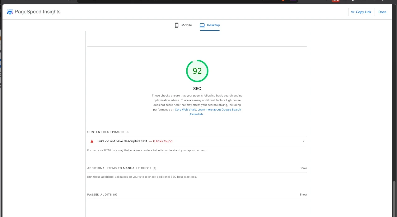 CompuAce SEO diagnostic view showing descriptive-link observations from the same PageSpeed report