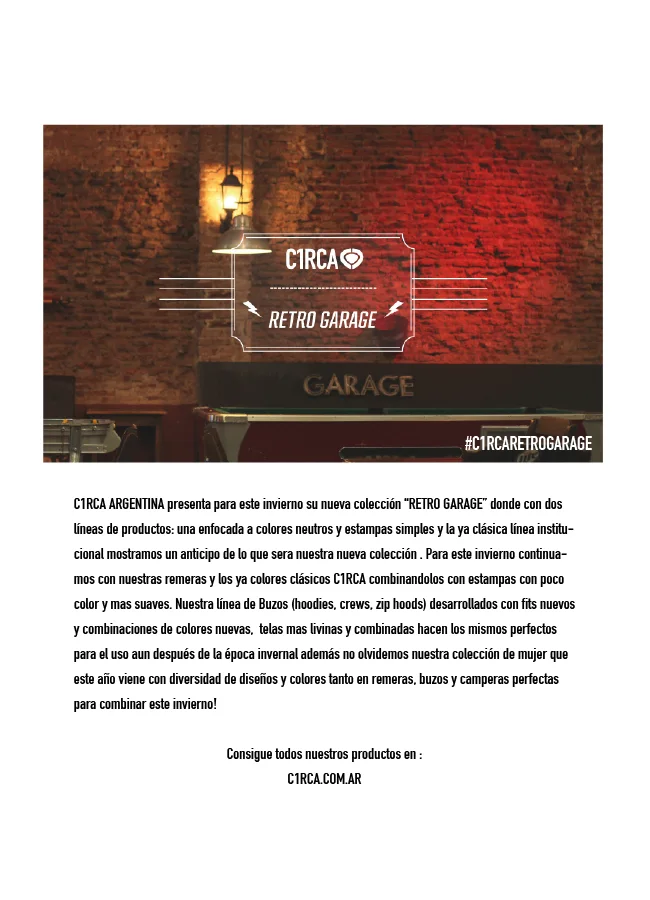 C1RCA Retro Garage campaign layout with a red-lit storefront photograph and original collection copy